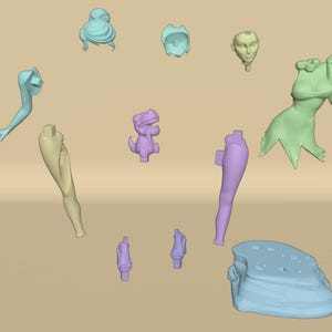 May include: A set of doll parts, including a head, arms, legs, and a dress. The doll parts are made of a light blue, light green, and light purple plastic. There is also a small dinosaur figurine made of light purple plastic.