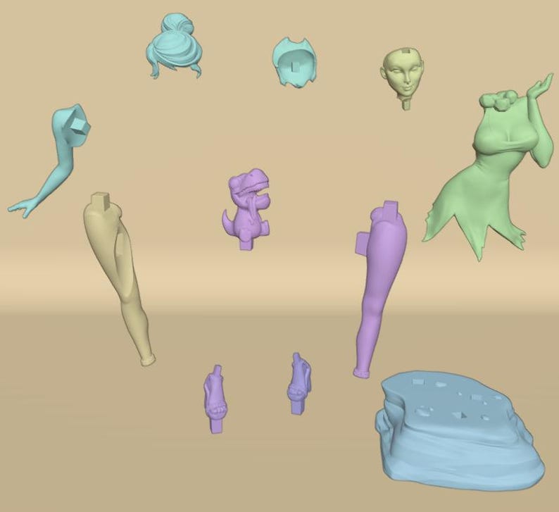May include: A set of doll parts, including a head, arms, legs, and a dress. The doll parts are made of a light blue, light green, and light purple plastic. There is also a small dinosaur figurine made of light purple plastic.