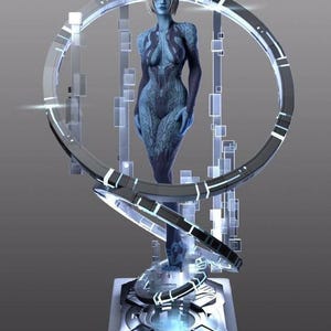 Puede incluir: Una figura femenina azul se encuentra dentro de un portal circular brillante. El portal está hecho de metal y vidrio y está rodeado de una serie de paneles rectangulares brillantes. La figura está de pie sobre una plataforma con un diseño metálico complejo.