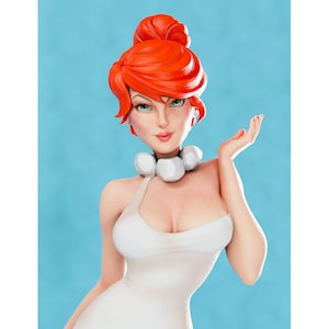 May include: A red-haired woman with a white halter top and a white beaded necklace. She is looking at the camera and smiling.