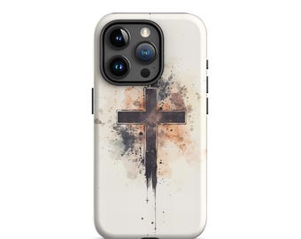 May include: A white phone case with a watercolor design of a black cross. The case has a camera lens cutout and a black border.