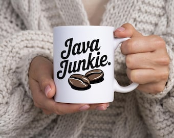 Mug en céramique, tasse à café Java Junkie, cadeau de Noël pour amateur de café, accro au café, grains de café torréfiés, tasse 11 oz