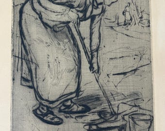 Grabado firmado por Helge Zandén, 1937, Mujer sueca Falun, Grabado antiguo escandinavo