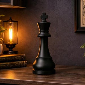 Op de afbeelding: Een zwarte schaakkoning staat op een houten oppervlak. Een kleine plant in een pot, een vintage lamp en een ingelijste kaart zijn ook zichtbaar. De donkere achtergrond creëert een verfijnde sfeer. De koning is het centrale punt.