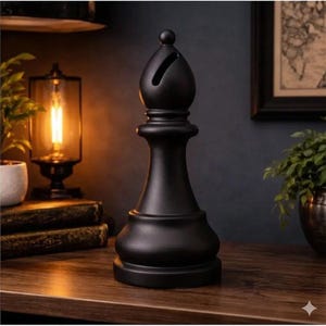 Könnte beinhalten: Eine matt-schwarze Läufer-Schachfigur-Skulptur mit glatter, abgerundeter Basis, verjüngtem Hals und einem markanten diagonalen Schlitz nahe der Spitze. Das Objekt ist mit einer soliden, gleichmäßigen Oberfläche gefertigt und steht aufrecht.