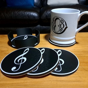 Music Note Coaster Set – Treble Clef Drink Coasters with Holder, 3D Printed Music Gift for Musicians, Teachers, Students, or Music Lovers