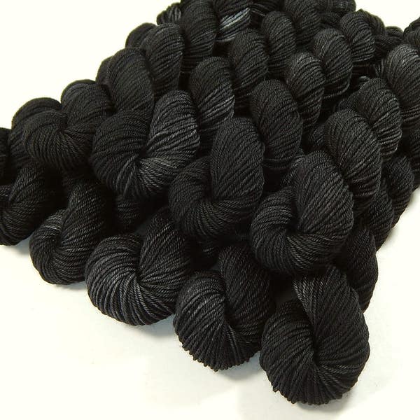 Fingering Weight Mini Skeins. Hand Dyed Yarn. 4 Ply Superwash 100% Merino Wool. NEAR BLACK. Semi Solid Indie Dyed Sock Yarn. Tonal Minis