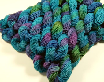 Mini Skeins Hand Dyed Yarn. Sock Weight Superwash Merino Wool. AEGEAN MULTI. Indie Fingering Knitting Yarn. Vibrant Blue Green Turquoise