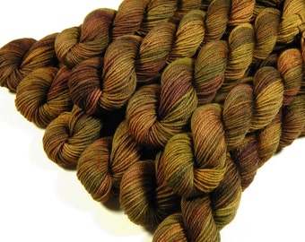 Hand Dyed Sock Yarn Mini Skeins, Fingering Weight 4 Ply 100% Superwash Merino Wool - ANTIQUE BRASS - Indie Dyed Gold Brown Knitting Yarn