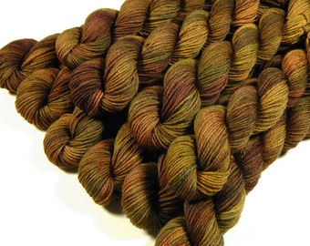 Hand Dyed Sock Yarn Mini Skeins, Fingering Weight 4 Ply 100% Superwash Merino Wool - Antique Brass - Indie Dyed Gold Brown Knitting Yarn