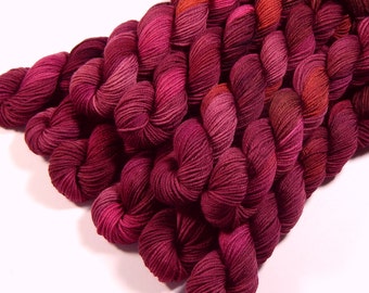Mini Skeins Hand Dyed Yarn, Sock Weight 4 Ply Superwash Merino Wool - MERLOT MULTI - Burgundy Red Fingering Knitting Crochet Yarn, DIY Gift