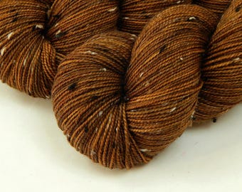 Hand Dyed Yarn, Tweed Fingering Sock Weight Superwash Merino Wool Nylon - HAZELNUT - Indie Dyer Knitting Yarn, Caramel Brown Flecked Yarn