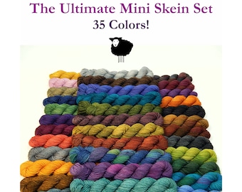 The Ultimate Mini Skein Set - Hand Dyed Yarn, Fingering Weight 4 Ply Superwash Merino Wool, Hand Dyed Sock Yarn, 35 Mini Skeins in 35 Colors