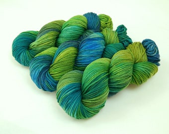 Hand Dyed Yarn. Worsted Weight 100% Superwash Merino Wool. POTLUCK BLUES & GREENS. Indie Dyer Knitting Crochet Yarn. Bright Bold Colors