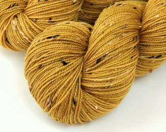 Hand Dyed Yarn. Tweedy Fingering Sock Weight Superwash Merino Wool Nylon. HONEY MUSTARD. Yellow Indie Dyer Knitting Yarn. Gold Tweed Yarn