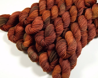 Fingering Weight Mini Skeins, Hand Dyed Yarn, Sock Weight 4 Ply Superwash Merino Wool - SPICE - Indie Burnt Orange Rust Autumn Sock Yarn