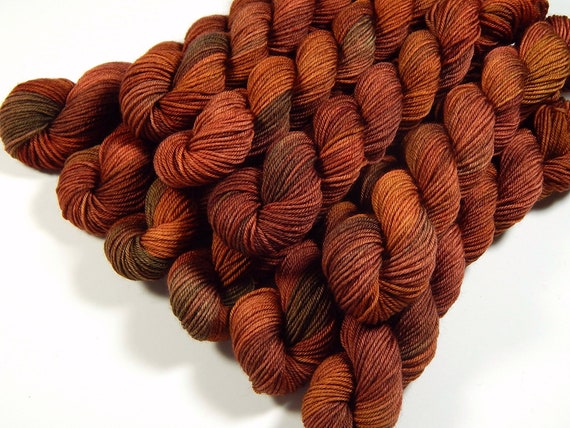 Fingering Weight Mini Skeins, Hand Dyed Yarn, Sock Weight 4 Ply Superwash Merino Wool - SPICE - Indie Burnt Orange Rust Autumn Sock Yarn