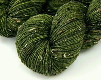 Hand Dyed Yarn. Tweed Fingering Sock Weight Superwash Merino Wool Nylon. MOSS TONAL. Indie Dyer Knitting Yarn. Olive Green Flecked Yarn