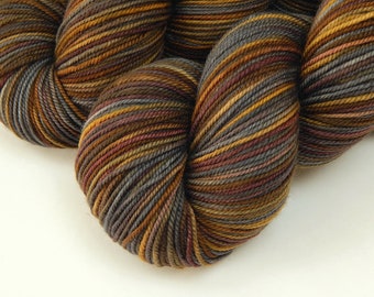 Hand Dyed Yarn. Sport Weight Superwash Merino Wool. AGATE. Indie Dyed Grey Gray Brown Gold Knitting Yarn. Earthy Colors Heavier Sock Yarn