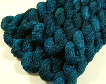 Hand Dyed Yarn. Fingering Weight Mini Skeins. 4 Ply Superwash 100% Merino Wool. DEEP SEA TONAL. Blue Green Teal Indie Dyed Sock Yarn