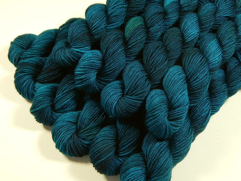 Hand Dyed Yarn. Fingering Weight Mini Skeins. 4 Ply Superwash 100% Merino Wool. DEEP SEA TONAL. Blue Green Teal Indie Dyed Sock Yarn image 1