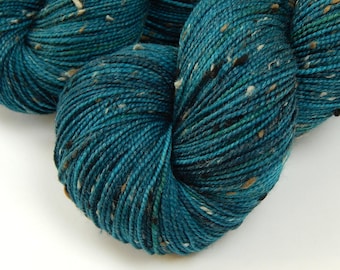 Hand Dyed Sock Yarn, Tweed Fingering Weight Superwash Merino Wool Nylon - DEEP SEA TONAL - Indie Dyer Knitting Yarn, Teal Blue with Flecks