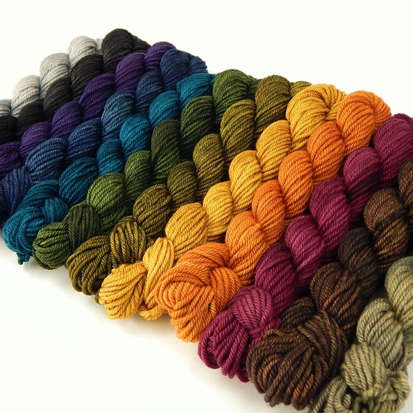 WORSTED Weight Mini Skeins. Hand Dyed Yarn. 100% Superwash Merino Wool. Saturated Tonal Colors Knitting Yarn. 20g Per Skein