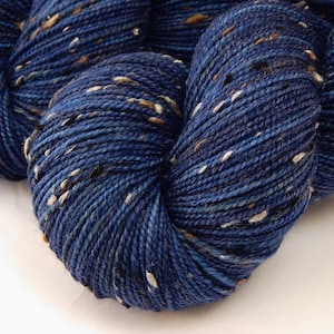 Hand Dyed Yarn, Tweed Fingering Weight Superwash Merino Wool Nylon - INK TONAL - Indie Dyer Knitting Yarn, Navy Blue Flecks Sock Yarn