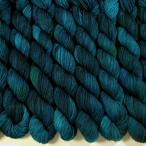 Hand Dyed Yarn. Fingering Weight Mini Skeins. 4 Ply Superwash 100% Merino Wool. DEEP SEA TONAL. Blue Green Teal Indie Dyed Sock Yarn image 2