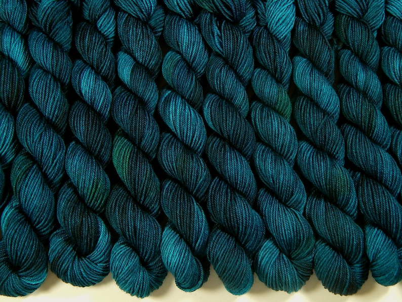 Hand Dyed Yarn. Fingering Weight Mini Skeins. 4 Ply Superwash 100% Merino Wool. DEEP SEA TONAL. Blue Green Teal Indie Dyed Sock Yarn image 2