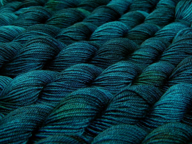 Hand Dyed Yarn. Fingering Weight Mini Skeins. 4 Ply Superwash 100% Merino Wool. DEEP SEA TONAL. Blue Green Teal Indie Dyed Sock Yarn image 3