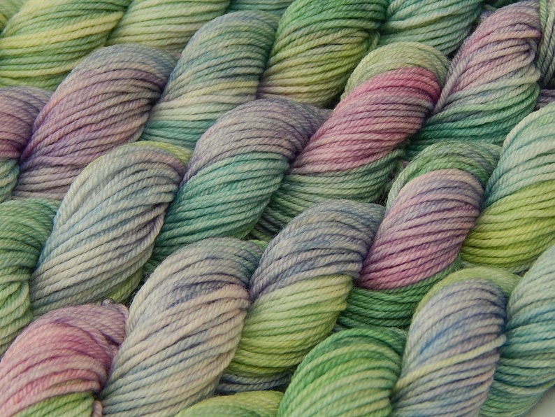 Hand Dyed Yarn. Fingering Weight Mini Skeins. 4 Ply Superwash 100% Merino Wool. POTLUCK PASTELS. Blue Green Purple Pink Indie Dyed Sock Yarn image 3