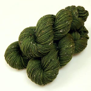 Hand Dyed Yarn, Tweed DK Weight Superwash Merino Wool Nylon - MOSS TONAL - Olive Green Indie Dyer Knitting Yarn with Tweedy Flecks