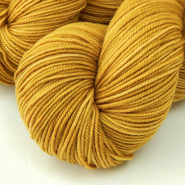 Hand Dyed Yarn. Sport Weight Superwash Merino Wool. HONEY MUSTARD. Indie Dyer Variegated Gold Knitting Yarn. Tonal Yellow Heavier Sock Yarn
