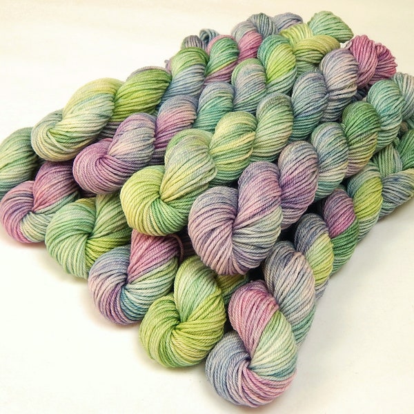 Hand Dyed Yarn. Fingering Weight Mini Skeins. 4 Ply Superwash 100% Merino Wool. POTLUCK PASTELS. Blue Green Purple Pink Indie Dyed Sock Yarn