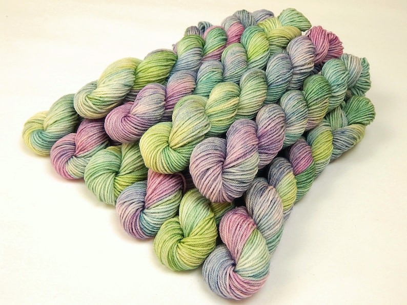 Hand Dyed Yarn. Fingering Weight Mini Skeins. 4 Ply Superwash 100% Merino Wool. POTLUCK PASTELS. Blue Green Purple Pink Indie Dyed Sock Yarn image 1