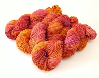 Worsted Weight Hand Dyed Yarn. 100% Superwash Merino Wool. POTLUCK ORANGE & RASPBERRY. Indie Dyer Knitting Crochet Yarn. Deep Citrus Colors
