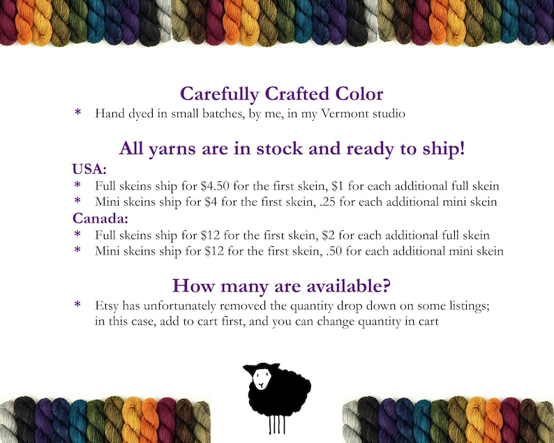 May include: A collection of small yarn skeins in various colors including red, orange, yellow, green, blue, purple, black, and grey, arranged in rows at the top and bottom of the image, with a black silhouette of a sheep centered at the bottom.