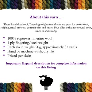 May include: A collection of multi-colored mini skeins of yarn arranged in rows at the top and bottom. The text reads: About this yarn, 100% superwash merino wool, 4 ply fingering/sock weight, each skein weighs 20g, approximately 87 yards, and a black sheep icon.