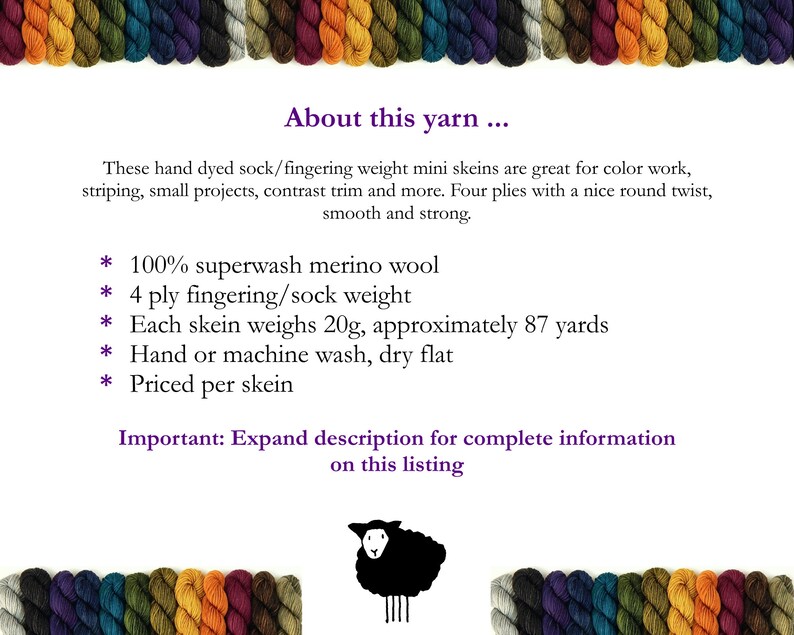 May include: A collection of multi-colored mini skeins of yarn arranged in rows at the top and bottom. The text reads: About this yarn, 100% superwash merino wool, 4 ply fingering/sock weight, each skein weighs 20g, approximately 87 yards, and a black sheep icon.