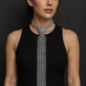 May include: A silver chainmail tie necklace. The necklace is made of small, interlocking metal rings, creating a textured, metallic appearance. The tie design hangs vertically, adding a unique, edgy touch to the overall look. The model is wearing a black dress.