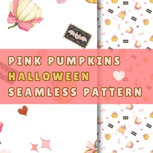 May include: A seamless pattern featuring watercolour illustrations of pale yellow pumpkins tied with pink ribbons, dark postage stamps with a white bat and the text NIGHT MAIL, small red hearts, and pink four-pointed stars on a white background.