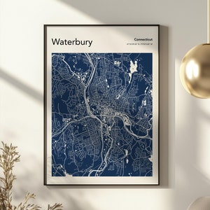 Waterbury City Karte Print Premium Poster | USA Map Print Poster | Moderne Messing City CT Map Print Poster | TRI Edition