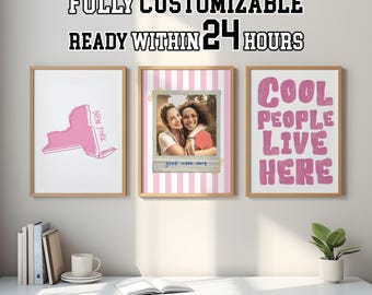 Custom Pink College Wall Art Set of 3 | Personalized Roommate Gift | Custom School Print | Digital Download College Poster Decor