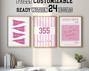 Custom Pink College Wall Art Set of 3 | Personalized Roommate Gift | Custom School Print | Digital Download College Poster Decor