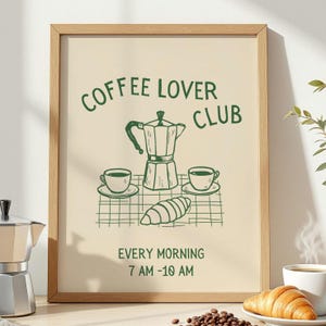 Póster del club de amantes del café - Arte del desayuno - Ilustración de cafetera espresso - Decoración de cocina dibujada a mano - Arte gastronómico - ARTE DE PARED IMPRIMIBLE