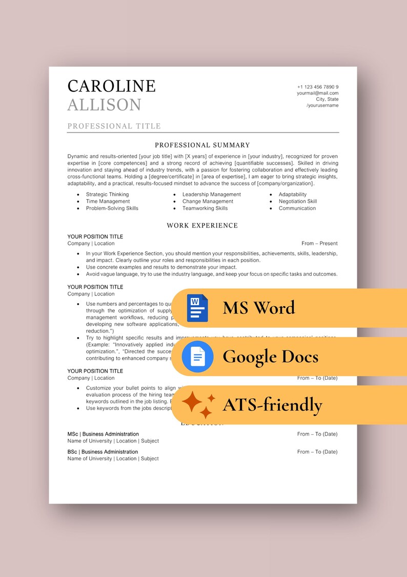Google Docs, Word Resume Template | CV, Cover Letter & Instructions (ATS-Friendly, Editable) image 1