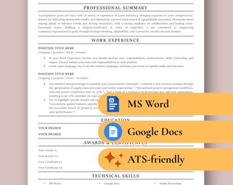 Google Docs, Word Resume Template | CV, Cover Letter & Instructions (ATS-Friendly, Editable)
