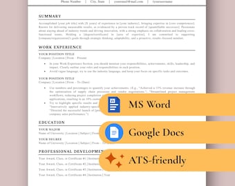 Professional Google Docs, Word Resume Template | CV, Cover Letter & Instructions (ATS-Friendly, Editable)