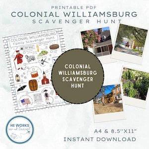 Può includere: Un PDF stampabile di Colonial Williamsburg Scavenger Hunt con illustrazioni e foto. Il design include un elenco di controllo della caccia al tesoro, una grafica circolare con testo e quattro stampe fotografiche. Il testo recita "A4 e 8.5"X11" DOWNLOAD IMMEDIATO".
